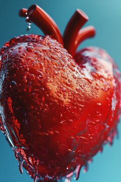 Close-up of a heart covered in fresh blood, drops falling from it.