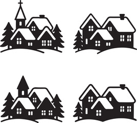 Isolated Winter Village Silhouette Icons, Winter Village Black Minimal Vector Icons, Small Houses Snow Roofs Minimal Winter Village Scene Clean Vector, Clean Modern App Web Design Icons