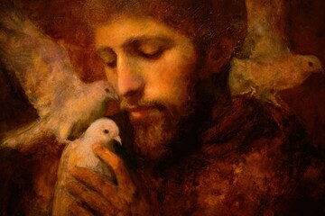 St Francis of Assisi holding a white dove, surrounded by birds in a serene, spiritual close-up portrait painting