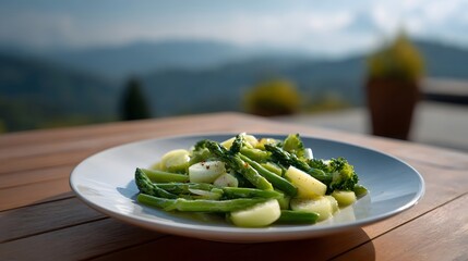 A plate of blanched asparagus and broccoli with seasoning is presented on a wooden table with a scenic mountain landscape in the background