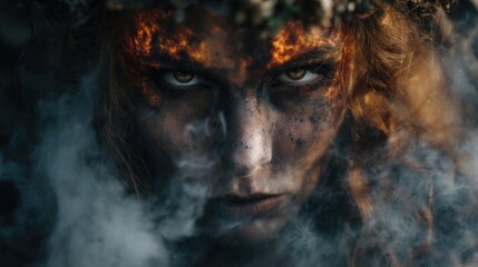 Fototapeta premium A woman with a detailed painted face stands in a forest while smoke surrounds her. Her wild hair and fierce expression draw attention blending with the natural elements around her.
