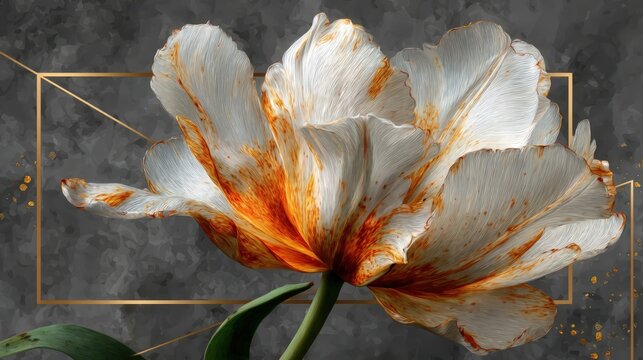 Delicate white orange tulip with geometric gold frame on grey background, high quality microstock floral presentation, stunning floral artwork