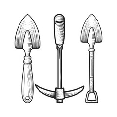 Gardening tools shovel pickaxe trowel vintage engraving drawing on white background isolated