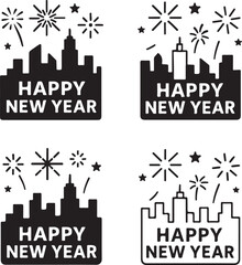 Isolated New Year Eve Silhouette Icons, New Year Night Scene Silhouette Black Minimal Vector Icons, Celebration Fireworks Holiday City Party Scene, Clean Modern App Web Design Icons