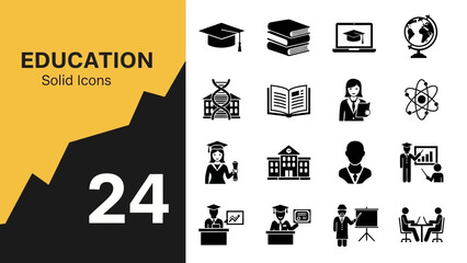 Modern solid icon collection for comprehensive education concepts, featuring symbols of academic achievement, learning, teaching, and knowledge acquisition for digital and print projects