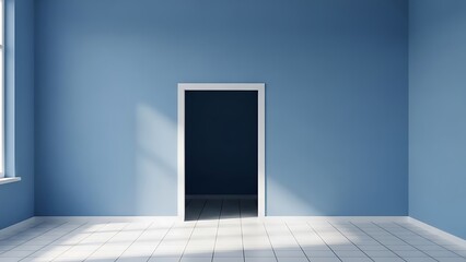 Empty Blue Room Interior with Open Doorway, Minimalist Architecture, Natural Light, Indoor Environment, Front View Perspective