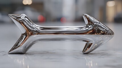 Futuristic metallic arrow pointing left with reflective surface and smooth lines on a light marble surface