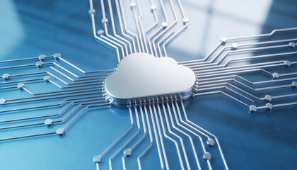 Business cloud storage concept, data flow lines connecting to cloud symbol, clean tech background, professional corporate visual