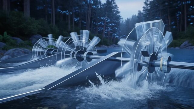 Water Wheels in River: Renewable Energy Hydroelectric Power Environmental Sustainability