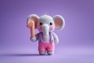 Happy birthday greeting card or party invitation design featuring crocheted elephant in pink trousers holding number 1 for 1 year old baby, 1st birthday decoration for boys and girls.
