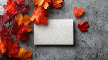 White envelope surrounded by vibrant autumn leaves on a gray stone surface, creating a seasonal aesthetic