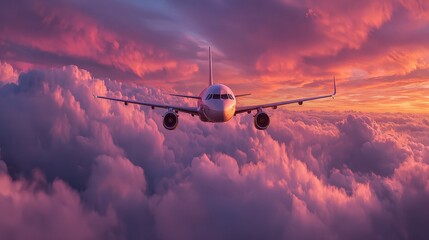 Airplane flies above fluffy clouds during a colorful, vibrant sunset creating a beautiful and peaceful aerial view from a high altitude