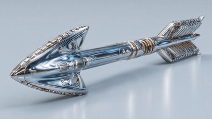 Futuristic metallic arrow pointing left with reflective surface and smooth lines on a light marble surface