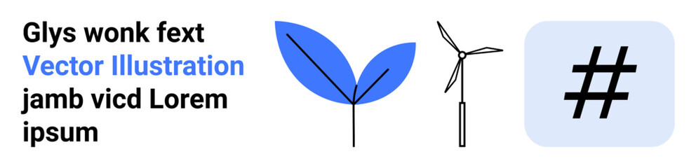 Obraz premium Blue leaf, wind turbine, and metadata tag symbol highlight environmental sustainability, renewable energy, and digital connection. Ideal for eco-tech, digital innovation, clean energy, tech-driven