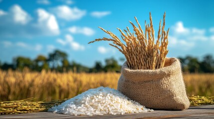 Fototapeta premium Two bags filled with grains are placed on a wooden surface outdoors.