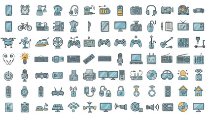A comprehensive collection of modern electronic devices, smart home gadgets, and communication technology vector line icons for various digital design projects