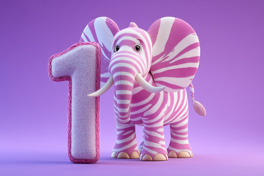 Happy birthday greeting card or party design featuring elephant with pink and white zebra stripes standing next to number 1 for 1 year old baby, 1st birthday decorations for boys and girls.