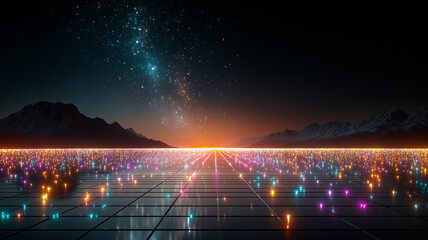 Abstract digital cyberspace landscape with glowing grid lines on a dark aurora borealis background. Concept of futuristic cyber technology network and augmented reality.	