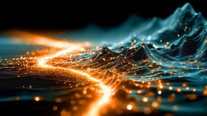 Digital cyberspace landscape with glowing grid line and dots abstract dark blue background. Concept of futuristic cyber technology network and augmented reality.