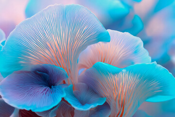Glowing neon blue and pink mushroom texture abstract background. Closeup macro view pattern for design.