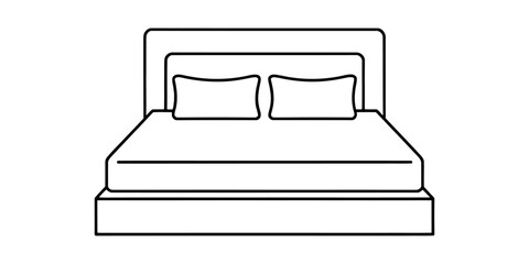 A simple line drawing icon of a double bed with pillows and a headboard Vector, illustration