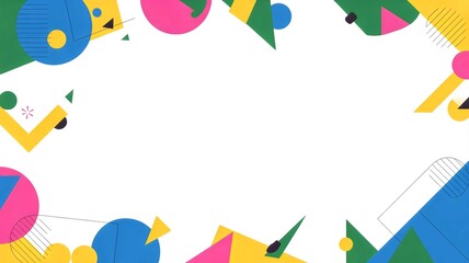 Vibrant geometric shapes dance across a clean white canvas, creating a mesmerizing abstract border that exudes playfulness and creativity in a kaleidoscope of colors.