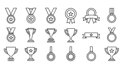Versatile collection of minimalist linear icons depicting various awards, trophies, and medals, symbolizing success, achievement, and victory in diverse competitions and professional accomplishments