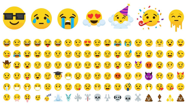 Vast collection of yellow emoji icons in flat design, depicting diverse emotions, reactions, and popular symbols for digital communication