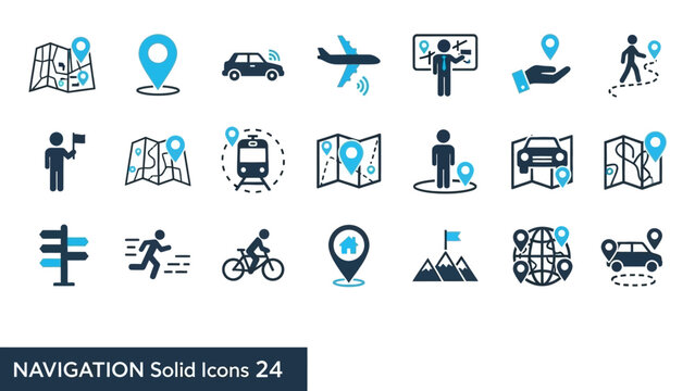 Solid navigation and travel icons set for digital maps, location services, and transport applications, illustrating routes, destinations, and journey planning