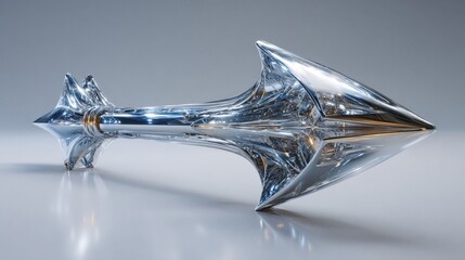 Futuristic metallic arrow pointing left with reflective surface and smooth lines on a light marble surface