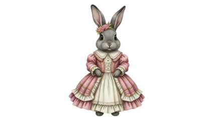 Watercolor illustration of a cute grey rabbit character wearing a vintage pink dress and flower crown isolated PNG with Transparent Background