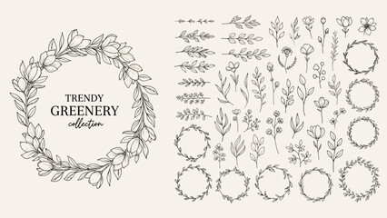 Elegant Hand-Sketched Floral Wreath and Branch Collection for Botanical Illustrations, Wedding Invitations, and Nature-Inspired Designs © charli