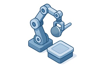 Isometric robotic arm holding a hip joint implant above a sterile tray on white background, symbolizing orthopedic manufacturing, surgical robotics, precision engineering, and healthcare innovation.