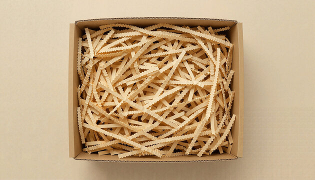 Beautifully shredded paper in a cardboard box for packaging, eco-friendly packaging concept