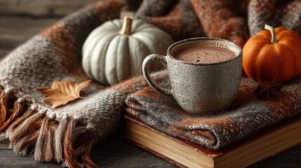 Cozy fall afternoon with hot chocolate, pumpkins, blanket, and book creating a relaxing autumn vibe on a dark wood surface