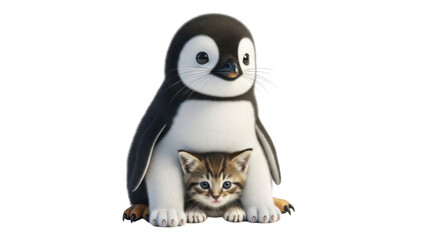 Obraz premium Adorable baby Emperor penguin chick sitting with a small tabby kitten isolated PNG with Transparent Background