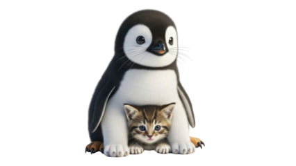 Adorable baby Emperor penguin chick sitting with a small tabby kitten isolated PNG with Transparent Background