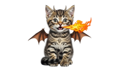 Funny Tabby Kitten Composite Illustration Breathing Fire with Dragon Wings and Horns isolated PNG with Transparent Background