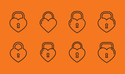 Padlock shaped heart icon set, simple monoline outline