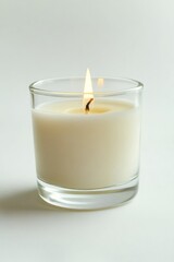A single scented candle, glowing softly with a warm light, housed inside of a clear glass vase. The candle is placed on a neutral surface that reflects the soft light it emits.
