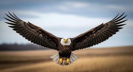 Bald eagle in flight with outstretched wings