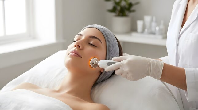 Cosmetologist Performing Radio Frequency Skin Tightening Treatment on Female Face in Beauty Clinic