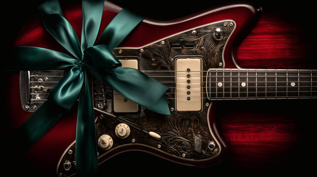 Red Electric Guitar with Green Ribbon on Dark Background