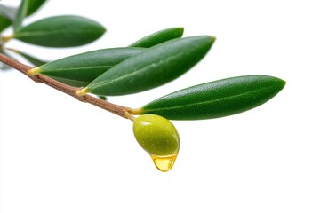 Fresh olive on branch with dripping oil drop isolated on white background
