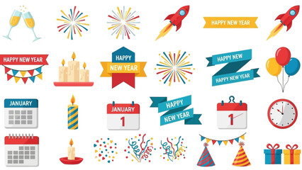 Comprehensive collection of vibrant New Year celebration vector icons, featuring festive elements like fireworks, champagne toasts, calendar countdowns, and party decorations for holiday designs