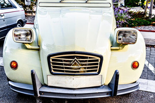 Igualada, Barcelona, ​​Spain; May 10, 2025: A classic Citro&euml;n 2CV6 on display along the roadside.