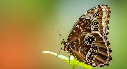 Brown butterfly perched on a green leaf