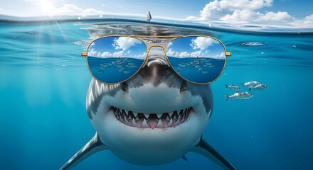 Shark wearing sunglasses underwater with school of fish