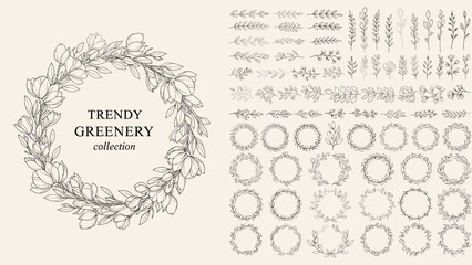 Greenery wreath collection with floral elements and decorative frames in a minimalist design © charli