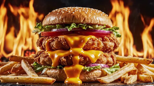 Crispy fried chicken burger with melted cheddar cheese, fresh vegetables, and french fries against a fiery background for fast food menu.